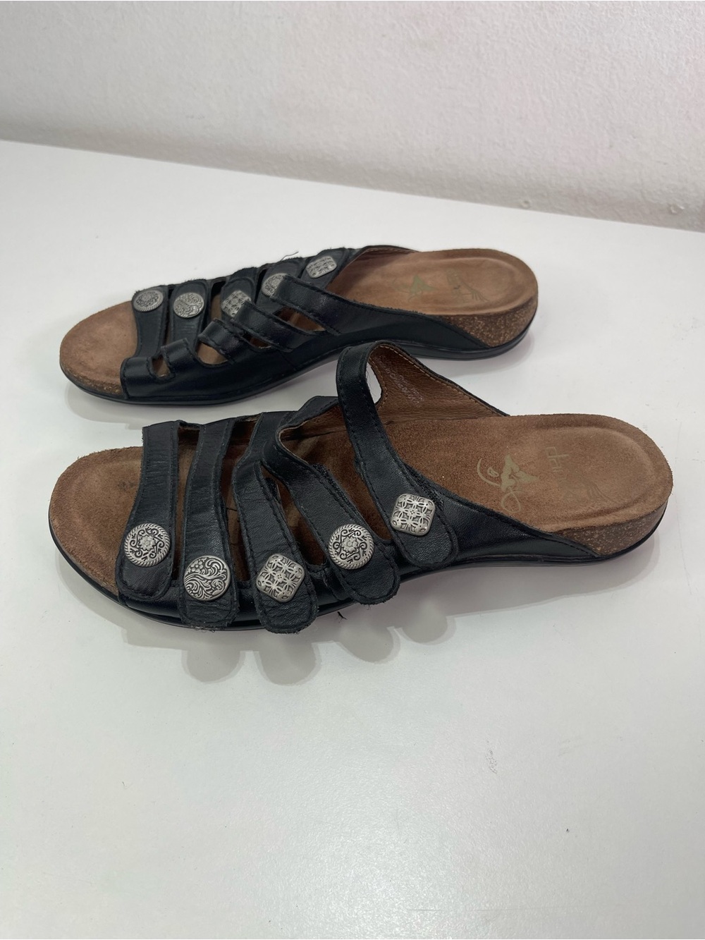 Dansko Janie Slide Cork Comfort Leather Sandals Wmn 38 Black Strappy Whimsigoth